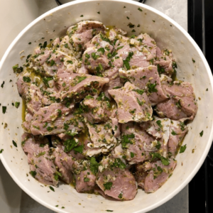 Souvlaki pieces marinating