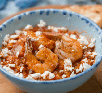 Shrimp and feta saganaki